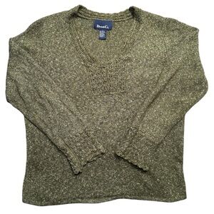 SOLD 💚 Denim & Co Olive Green Textured Knit V Neck Sweater Scalloped L Cozycore